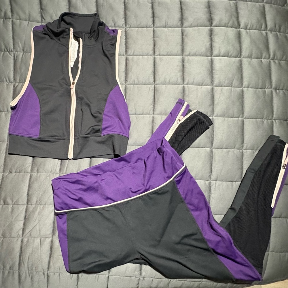 Fabletics Black & Purple Zip Crop Top with Leggings